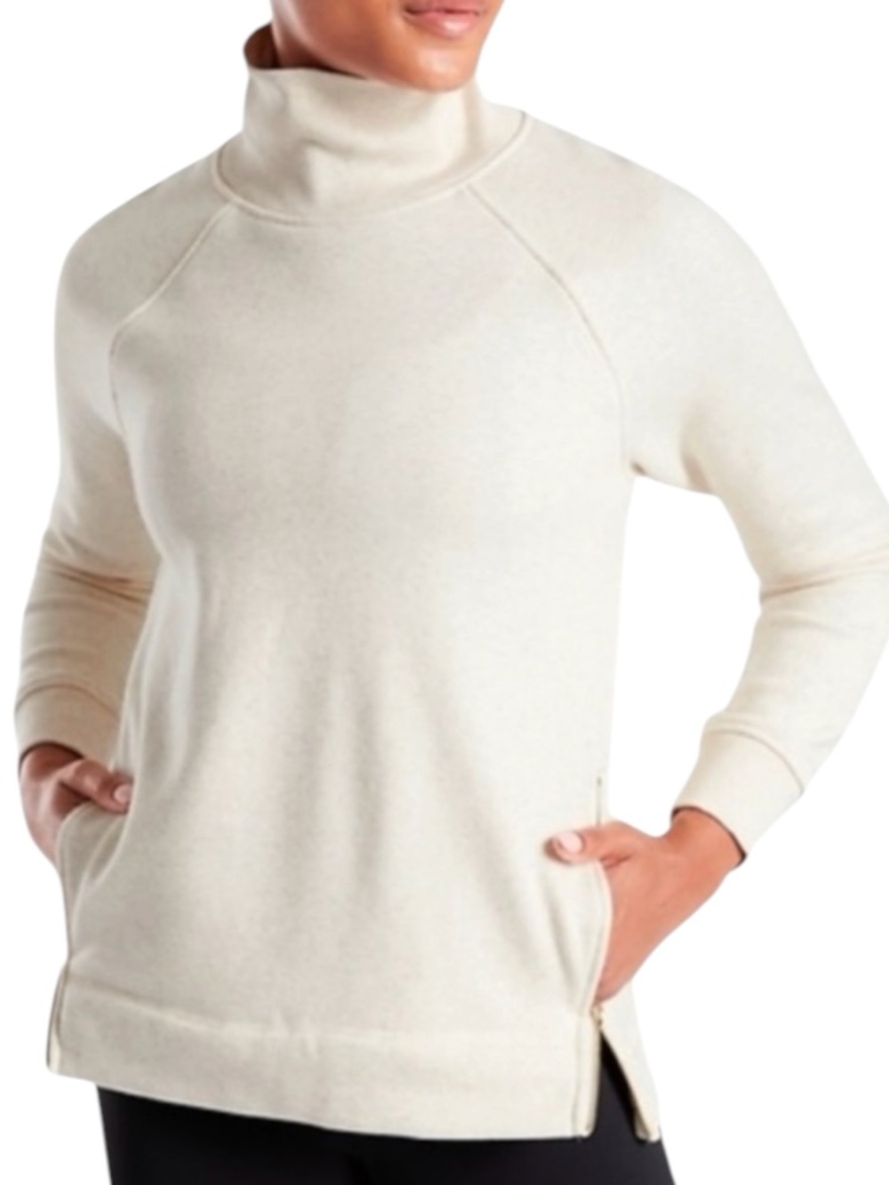 ATHLETA Cozy Karma Side Zip Funnel Neck Pullover in Light Oatmeal Heather XS